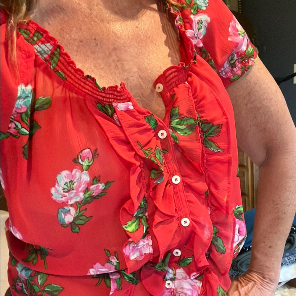 Floral Red Ruffle Blouse